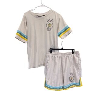 Rebel‎ Vengeance Casa Verde Tennis Graphic Tee and Shorts Set Mens Medium Cream
